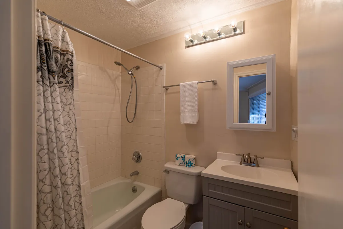 A refreshing bathroom scene featuring a bathtub with a shower curtain, a spacious vanity, a large mirror, and bright lighting. The mood is calm and soothing, evoking thoughts of relaxing baths and easy routines after a day in the mountains.